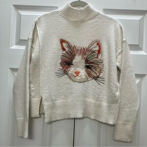Anthropologie Moth Miaou Cat Embroidered Mock Neck Wool Blend Sweater size XS